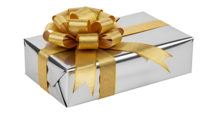 A silver gift box with a large golden bow and ribbon sitting on a neutral surface plain and simple