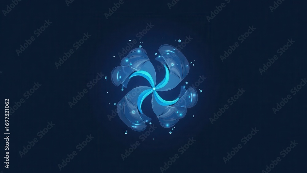 Poster a stylized, abstract design features a central, glowing, blue shape resembling a stylized fan or pro