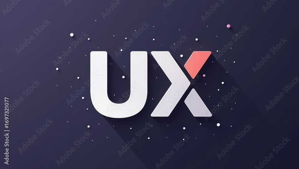 Poster modern, minimalist design showcasing the letters ux in a bold, three-dimensional, white font with a 