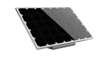 Close up view of a single solar panel with a silver frame and dark cells on a plain surface setting