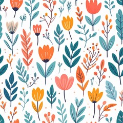 Modern Folk Art Floral Pattern with Teal Orange and Coral Botanicals on White.