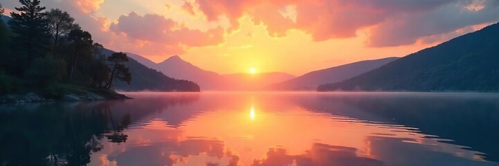 Serene sunrise over a tranquil lake, reflecting the calm and peaceful solitude of wellness practices Perfect for mindfulness, self-care, and inner peace themes , mountains, water, quiet