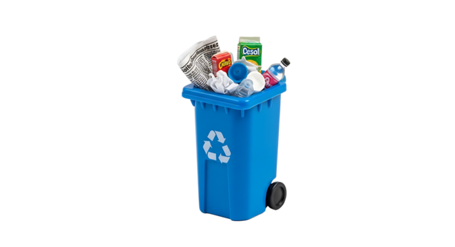 A blue recycling bin filled with assorted recyclable materials on a neutral surface view from front
