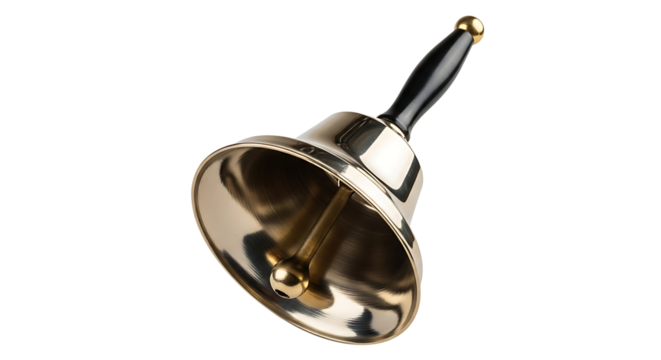 A shiny metal handbell with a dark handle and a golden clapper resting on a light surface area