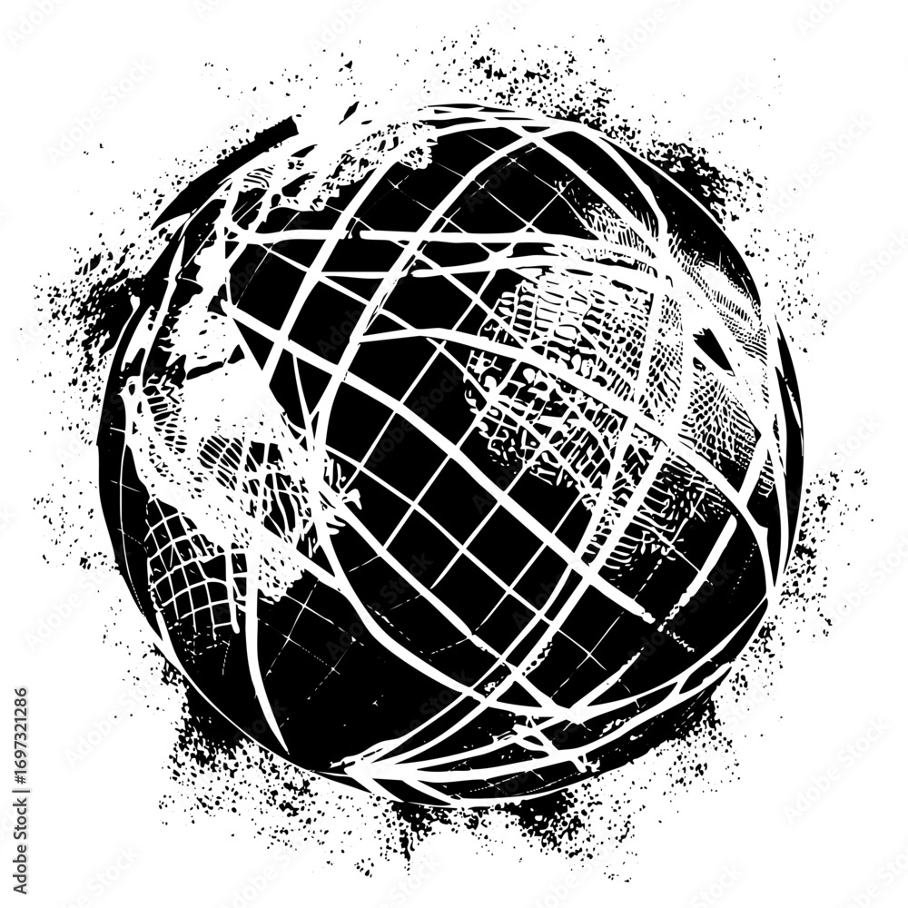 Poster Vector Abstract globe with grid lines and distressed texture.