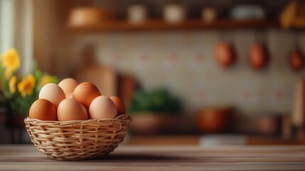 Close-up of a woven basket filled with fresh brown eggs on a rustic kitchen countertop with blurred background of flowers and kitchenware in warm ambient light