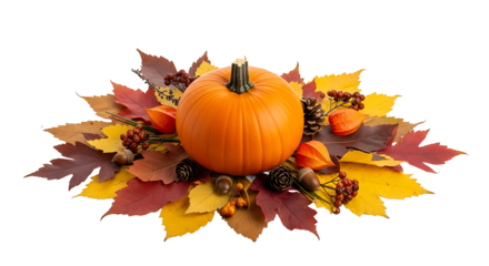 An orange pumpkin sitting on a bed of colorful autumn leaves with pinecones and berries arranged around it