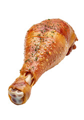 A single roasted turkey leg with herbs and glistening skin on a plain surface in a studio shot