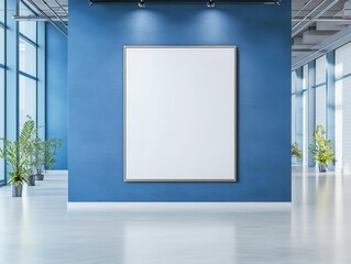 Modern interior corporate office space with a large blank whiteboard or display on a blue wall, open layout, natural light, and indoor plants