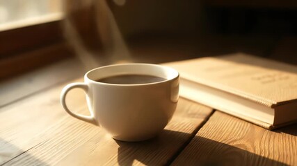 A cozy scene on a wooden table, bathed in warm, natural light from a window. A white mug filled with dark coffee is steaming gently, placed next to an open hardcover book. - Powered by Adobe