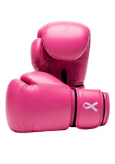 A pair of vibrant pink boxing gloves stacked with a ribbon symbol on one glove for awareness cause