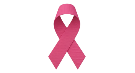 A single pink awareness ribbon symbol with textured fabric on a plain, light colored surface shown centered