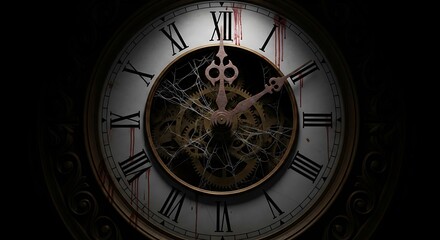 Fototapeta premium Creepy Broken Clock with Blood Splatters, Horror Theme Illustration