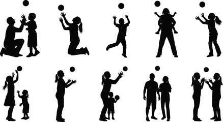 Family silhouette playing ball, parents and children activity, outdoor fun, black silhouette, childhood games, healthy lifestyle, sport illustration, teamwork, bonding