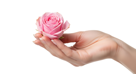 A delicate pink rose resting gently in the palm of a fair skinned hand in a serene presentation style