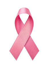 A single pink ribbon folded to form a symbol of support and awareness on a light surface area