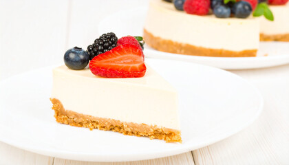 Slice of New York Style Cheesecake with Mixed Berries on a White Background

