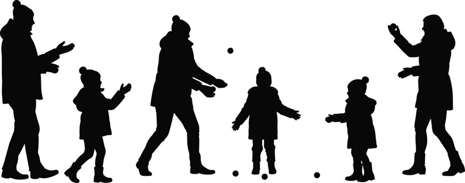 family winter silhouette, children playing snow, parents throwing snowballs, outdoor activity, holiday season fun, cold weather, black silhouette vector illustration