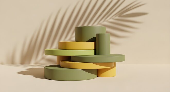 A vibrant composition of stacked green and yellow circular shapes, casting dynamic shadows, set against a soft beige background with a hint of tropical elegance from the palm leaf shadow.