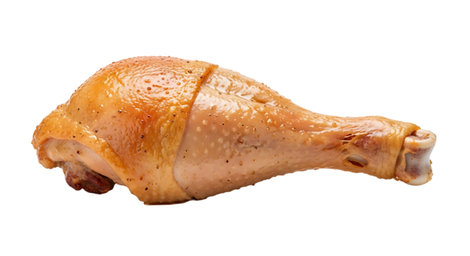 A single roasted chicken leg with crispy skin laying horizontally on a plain surface view close up