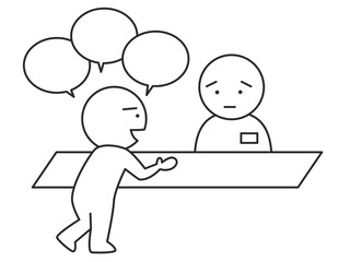 店員に執拗につきまとう顧客のイラスト　カスタマーハラスメントを表すシンプルな棒人間の線画ベクター素材
