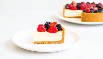 Classic Cheesecake Slice Topped with Fresh Berries on a White Plate