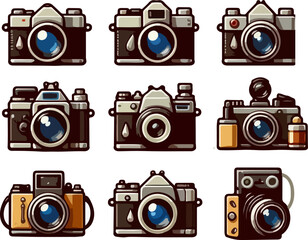 Collection of Retro Vintage and Modern Digital Camera Icons in Flat Vector Illustration for Creative Photography and Graphic Design Projects