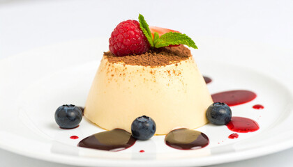 Elegant Panna Cotta Dessert with Berries and Chocolate Sauce