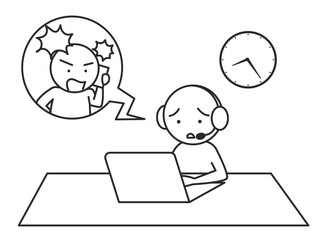 長時間クレーム電話をする顧客イラスト　カスタマーハラスメントを表すシンプルな棒人間の線画ベクター素材