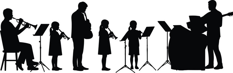 music band silhouette, children playing instruments, family music performance, black vector design, orchestra illustration, kids learning music, creative lifestyle art