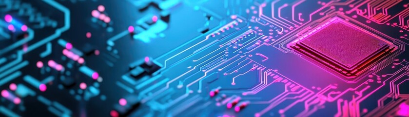 Highly detailed close-up of a modern computer motherboard with microchips and circuitry illuminated by vibrant pink and blue lighting for technology and electronics themes