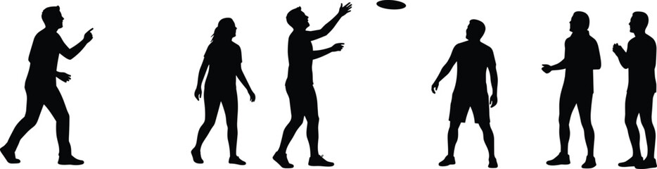 People playing frisbee silhouette, outdoor group activity, friends catching disc, sport recreation, fitness exercise, leisure fun, throwing game teamwork illustration