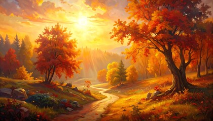 Autumnal landscape at sunset