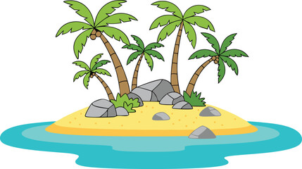 Tropical Island Paradise with Palm Trees, Rocks, and Sandy Beach for Summer, Nature, and Travel Design Projects