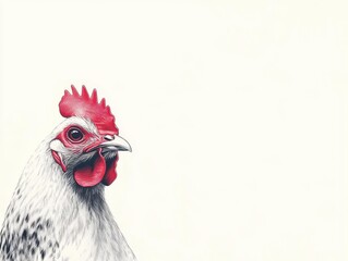 Close-up of a detailed realistic chicken head with vibrant red comb and wattles, white feathers, beak, and intense eye expression on a plain white background