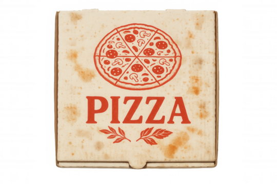 Pizza cardboard box with red logo, bearing slight stains, isolated on transparent background for delivery packaging design