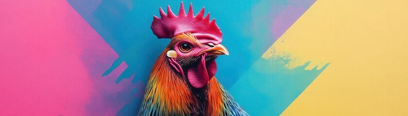 Colorful rooster with vibrant feathers and detailed features standing against a bright rainbow geometric background for artistic and decorative use