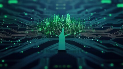 Futuristic digital tree with glowing circuit lines and vibrant green nodes representing technology innovation and digital connectivity in a high-tech environment