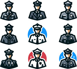 Set of cartoon vector police officer characters wearing uniforms, caps, tactical outfits, holding firearms and shields with police logo icons for justice, safety, protection, and law enforcement illus