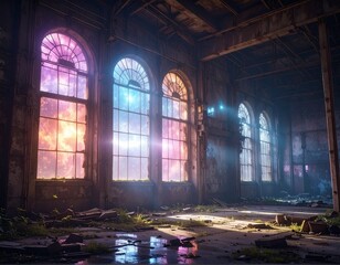 Mysterious celestial light streams through arched windows in a derelict hall, revealing a portal to a vibrant cosmic nebula