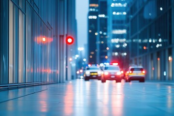 Modern city street at night with illuminated tall skyscrapers reflective wet pavement and moving vehicles with red blue lights in urban downtown setting