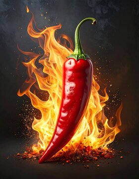 A vibrant red chili pepper stands amidst fiery flames, radiating intense heat and spice.