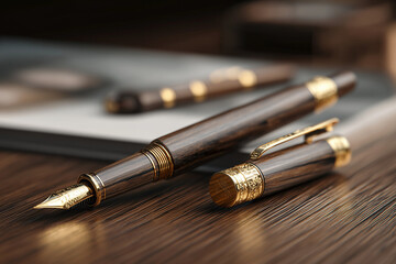 Luxury Wooden Fountain Pen with Gold Accents on a Desk