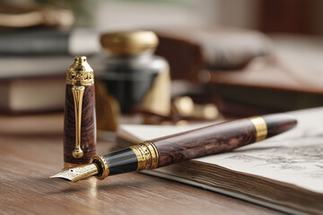 Luxury Wooden Fountain Pen with Gold Accents on a Desk