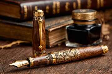 Luxury Wooden Fountain Pen with Gold Accents on a Desk