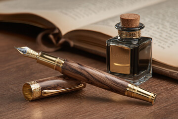 Luxury Wooden Fountain Pen with Gold Accents on a Desk