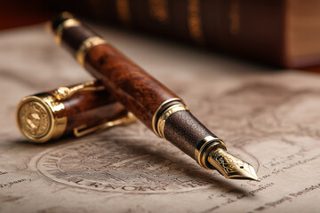 Luxury Wooden Fountain Pen with Gold Accents on a Desk