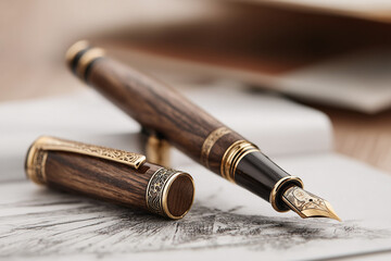 Luxury Wooden Fountain Pen with Gold Accents on a Desk