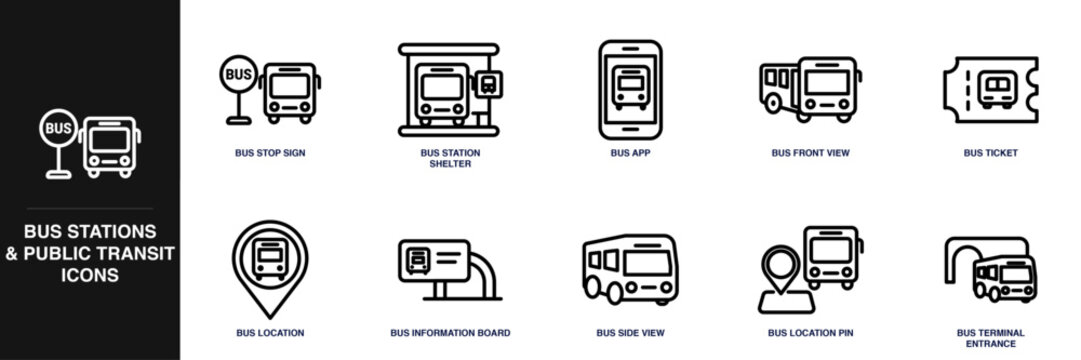 Bus Stations and Public Transit Line Icon Set