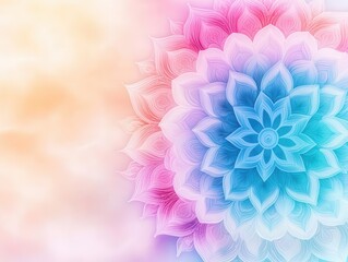 Vibrant colorful mandala with intricate layered petal pattern blending pink purple blue and soft warm background creating a calming and harmonious visual effect